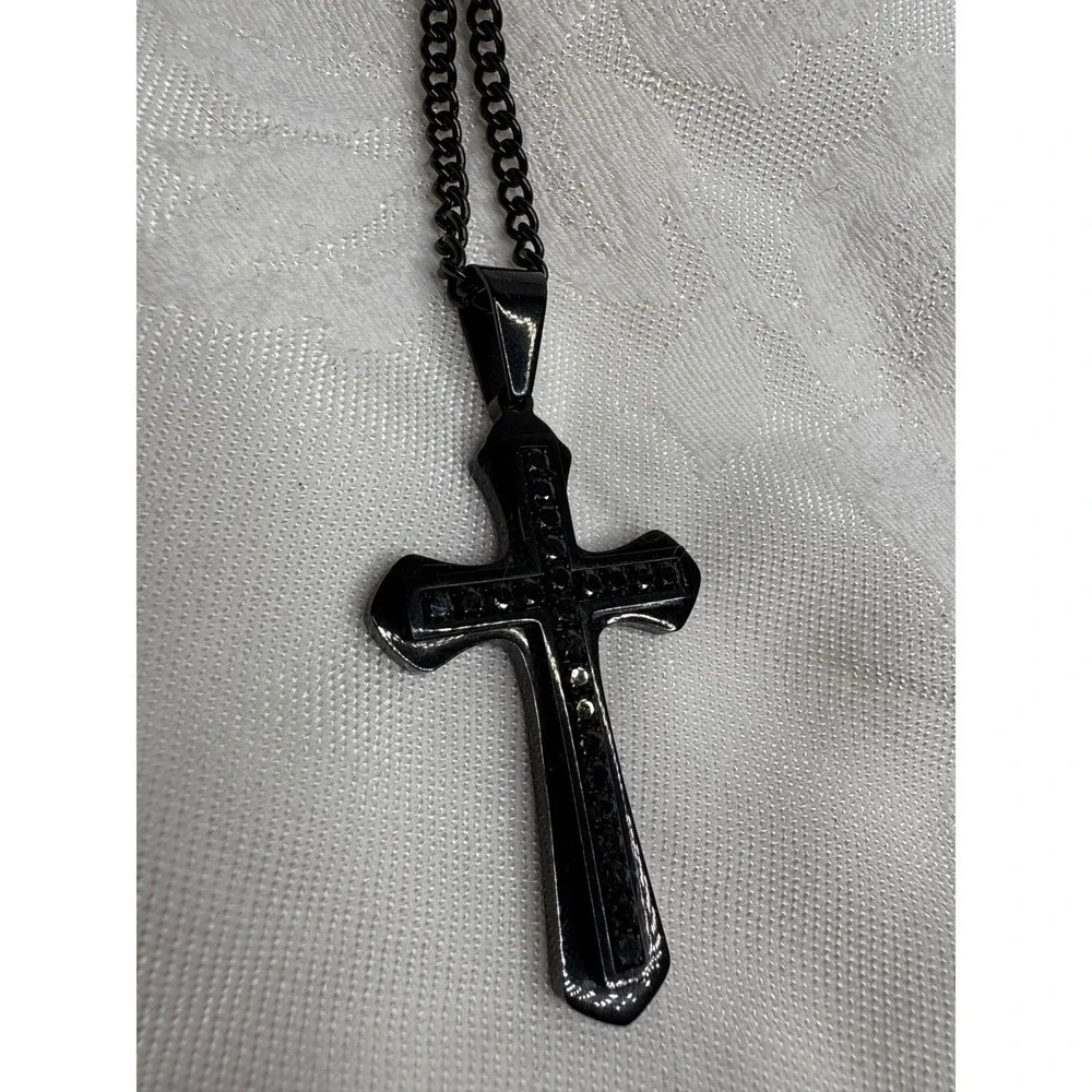 Black Stainless Steel Cross Pendant Necklace Mens Womens Religious Faith Jewelry